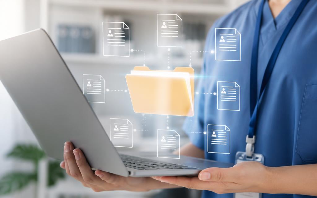Profissional de saúde utilizando um sistema digital de documentos
